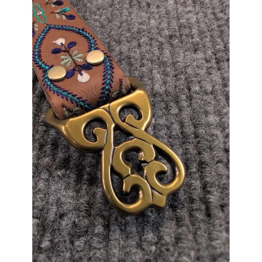 Lucky Brand Belt Women's XL Leather Brown Embroidered Floral Brass Boho